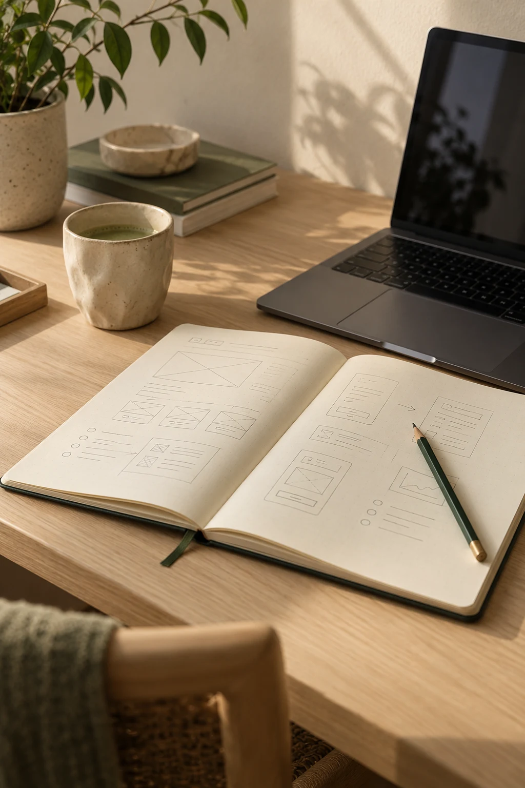 Notebook with sketches for digital products beside a laptop